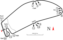 A track map of the Hockenheimring circuit. The track has 16 corners, which range in sharpness from hairpins to chicanes. There are four long straights that link the corners together. The pit lane splits off from the track on the inside of Turn 15, and rejoins the track after the exit of Turn One.