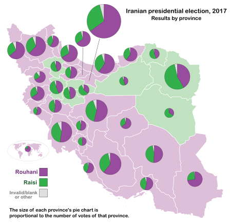 Iranian presidential election, 2017 by province. The size of each pie chart is proportional to the total votes of each province.