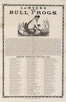 A broadsheet titled Lawyers and Bull Frogs, depicting an illustration of a bullfrog, an introduction, and a 36-verse ballad.