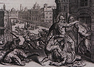 16th century engraving of the massacre of Thessalonica in the hippodrome