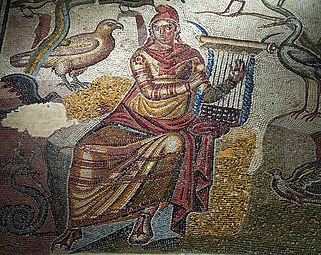 Detail from Zaragoza Fragment of the Mosaic of Orpheus, belongs to the "Casa de Orfeo", which was located next to the Roman walls near the central market in Caesaraugusta.