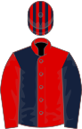 Red and dark blue halved, sleeves reversed, striped cap