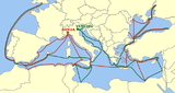 Trade routes and colonies of the Genoese (red) and Venetian (green) empires