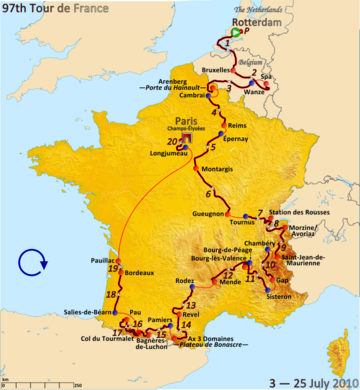 Map of France with red lines indicating the route of the 2010 Tour de France, showing that this Tour started in the Netherlands, visited the Alps and then the Pyrenees, and finished in Paris.