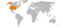 Map indicating locations of Rwanda and USA