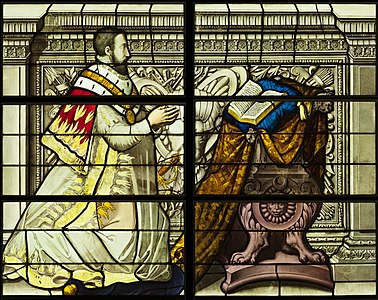 Henry II kneeling in prayer (19th-century recreation; central window, bottom)