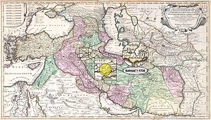 Salmas in 1730 Reiner and Joshua Ottens Map of the "Persian Empire" at the Time of Safavid dynasty • Modified by Hassan Jahangiri