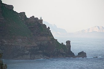 Cape Point and the new lighthouse as seen from the west. False Bay is beyond.