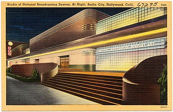 Night image, NBC Hollywood Studios (also known as "Radio City Hollywood") at Sunset and Vine (1938)
