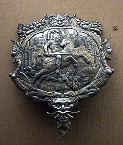 Damascened iron plaque for a barding, showing Marcus Curtius, WB.15, Milan, 1560–70