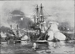 Two wooden steamships, surrounded by shell splashes in the water, fire their guns at another group of ships in the distance.