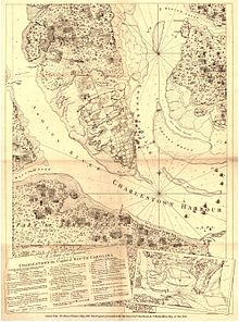 A copy of Henry Clinton's map from 1780 detailing the layout of British and Patriot forces in the siege of Charleston, showing Haddrel's Point, where Hogun died