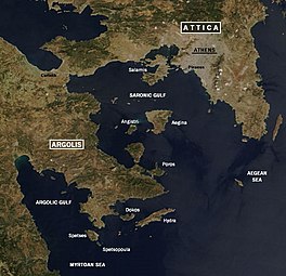 A satellite image of the Argolis Region