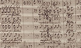 Detail from the manuscript score of "Tönet, ihr Pauken" with changes for "Jauchzet, frohlocket!"