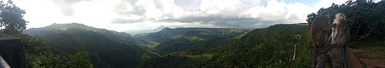 Panorama of a mountainous forest, with monkeys on the right