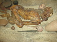 Gebelein predynastic mummy, with Naqada II decorated jars to his side, circa 3400 BC