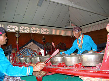 Gamelan Sekati (One of Some Javanese Sacred Gamelan in the Keraton Yogyakarta) is being played to accompany Sekaten Ceremony in front of Kauman Great Mosque in Yogyakarta, Indonesia, on 27 April 2004.