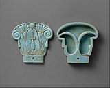 Cosmetic box in the shape of an Egyptian composite capital, its cap being in the left side; 664–300 BC; glassy faience; 8.5 × 9 cm (3.4 × 3.5 in); Metropolitan Museum of Art
