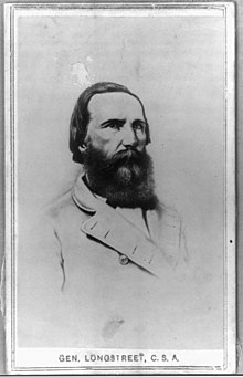 Longstreet as a Confederate, wearing a gray army coat partially unbuttoned