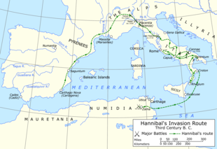 a map of the western Mediterranean showing the route followed by the Carthaginians from Iberia to Italy