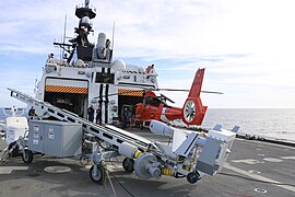 ScanEagle is pictured aboard the U.S. Coast Guard Cutter Stratton, which was the first U.S. Coast Guard Cutter to deploy fully equipped with a small UAS for an entire patrol.[12][13]