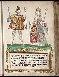 A picture on a page in an old book. A man at left wears tights and a tunic with a lion rampant design and holds a sword and scepter. A woman at right wears a dress with an heraldic design bordered with ermine and carries a thistle in one hand and a sceptre in the other. They stand on a green surface over a legend in Scots that begins "James the Thrid of Nobil Memorie..." (sic) and notes that he "marrit the King of Denmark's dochter."
