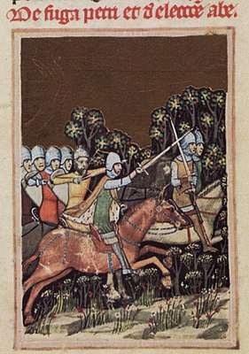 Chronicon Pictum, Hungarian, Hungary, King Peter Orseolo, Samuel Aba, chasing, horsemen, forest, sword, armor, crown, medieval, chronicle, book, illumination, illustration, history