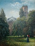 Ludwigskirche im Jahr 1885, vom Platz der heutigen Saarländischen Staatskanzlei aus gesehen (Gemälde von Nathanael Schmitt)