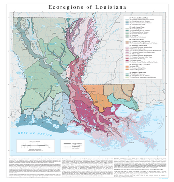 Map of Louisiana depicting six Level III ecoregions and 28 Level IV ecoregions