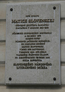 Matica slovenska memorial tablet at first building of Slovak Matice