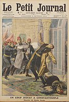 The front page of the Le Petit Journal magazine in February 1913 depicting the assassination of Nazım Pasha during the 1913 Ottoman coup d'état.