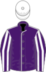 Purple, white seams, striped sleeves, white cap
