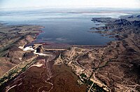 Painted Rock Dam in central Arizona, with its usually dry reservoir nearly full after heavy runoff in 2005