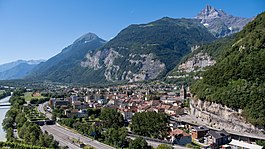 View of Saint-Maurice with the Dent du Salantin (left) and the Dents du Midi in the background