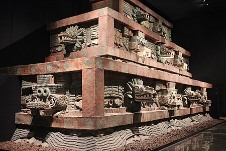 Aztec facade of the Temple of the Feathered Serpent (detail reconstruction), Teotihuacan, Mexico, c.225[23]