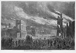 A sketch of a city landscape in ruins, with a crowd of people gathered at the base of the buildings