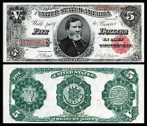 Obverse and reverse of an 1891 five-dollar Treasury Note