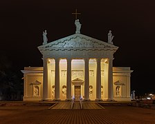 Façade view of the Vilnius Cathedral at night