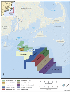 A map showing lease areas off the New England coast as of 2022