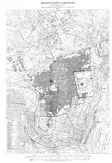 A detailed technical ordnance survey map of Jerusalem from the 19th century