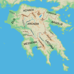 Map of the Peloponnese showing borders of ancient regions