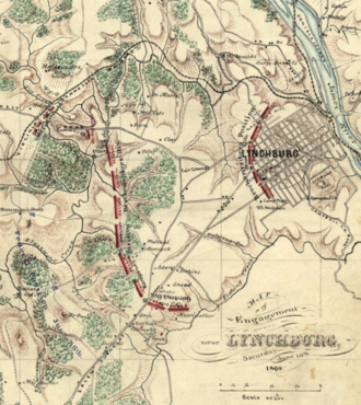 old map with troop positions at city with troops on west side of town and river on east