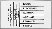 A ballot with six options: Brock, Kitchener, Corona, Adanac, Keowana and Benton.
