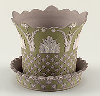 Lilac, white and green jasperware cachepot with saucer, 1785–1790, William Adams & Sons