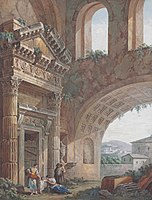 Capriccio with figures by a great arch (1786), private collection.