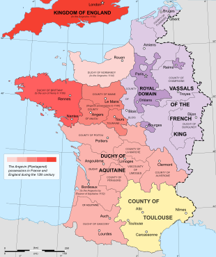 Coloured map showing the Kingdom of France and the lower bits of England. England and much of France is shaded red to signify Angevin dominion; also shown is the non-Angevin parts of France in purple and the County of Toulouse in southeastern France in yellow.