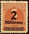 Germany, 1923: Five thousand mark value overprinted to two million
