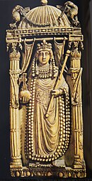Byzantine festoon at the top of a relief of Empress Ariadne, c.500, ivory, National Bargello Museum, Florence, Italy[6]