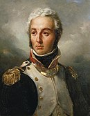 Painting shows a young man in a dark blue military uniform with white lapels.