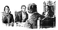 King Kamehameha III confers with his Privy Council. At left is William Richards and Gerrit P. Judd sitting across from Robert Crichton Wyllie.
